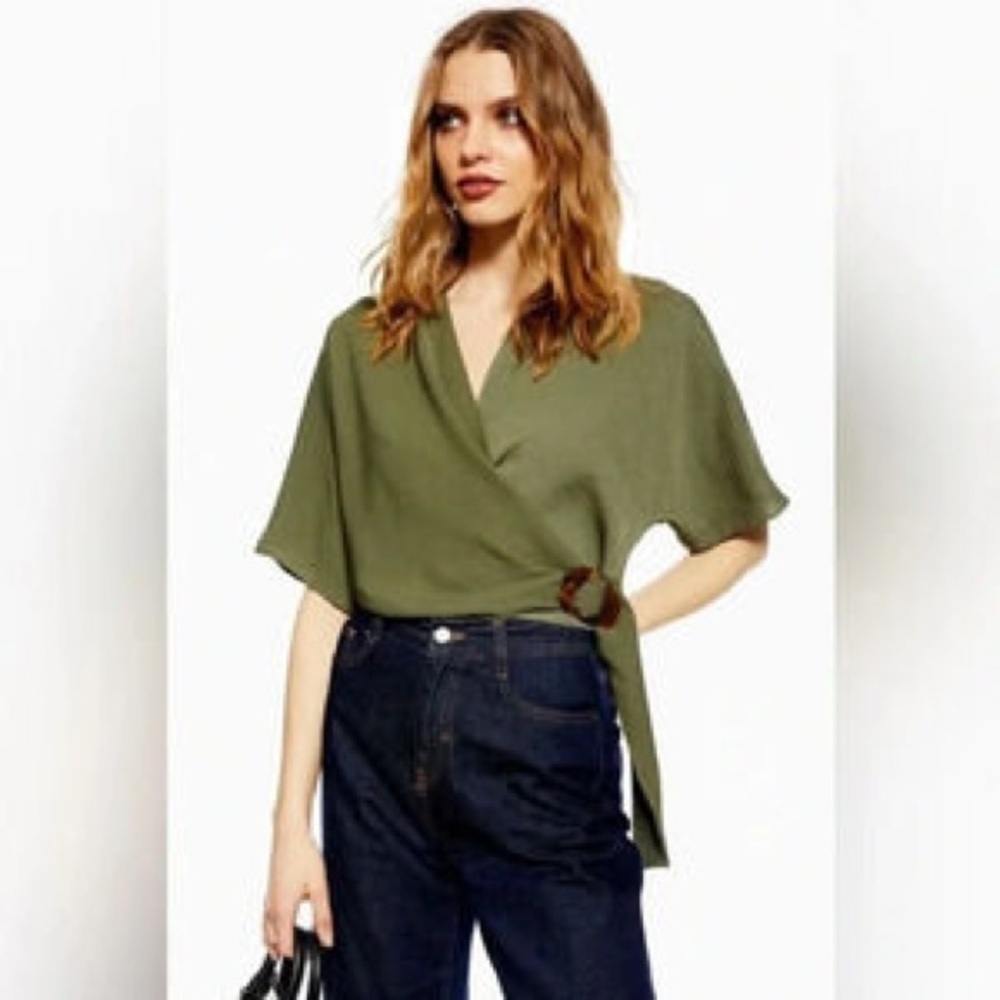 Wishlist Boutique Dark Green Wrap Blouse Loose Sleeves Size Small Loose Fit